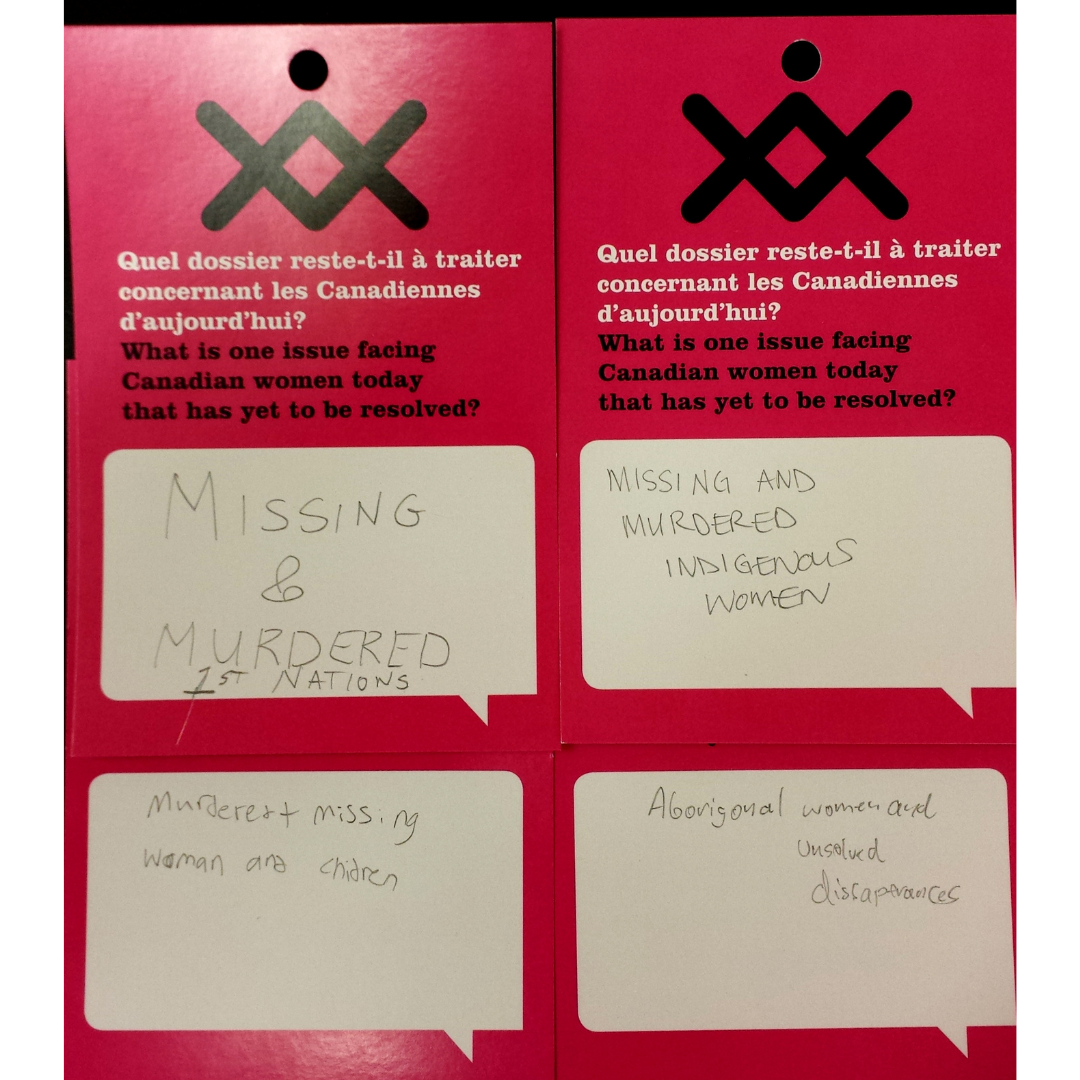 Four response cards with the question "What is one issue facing Canadian women today that has yet to be resolved?". The four responses read, "Missing and murdered 1st nations", "murders + missing woman and children", "Missing and murdered indigenous women", and "Aboriginal women and unsolved disappearances".