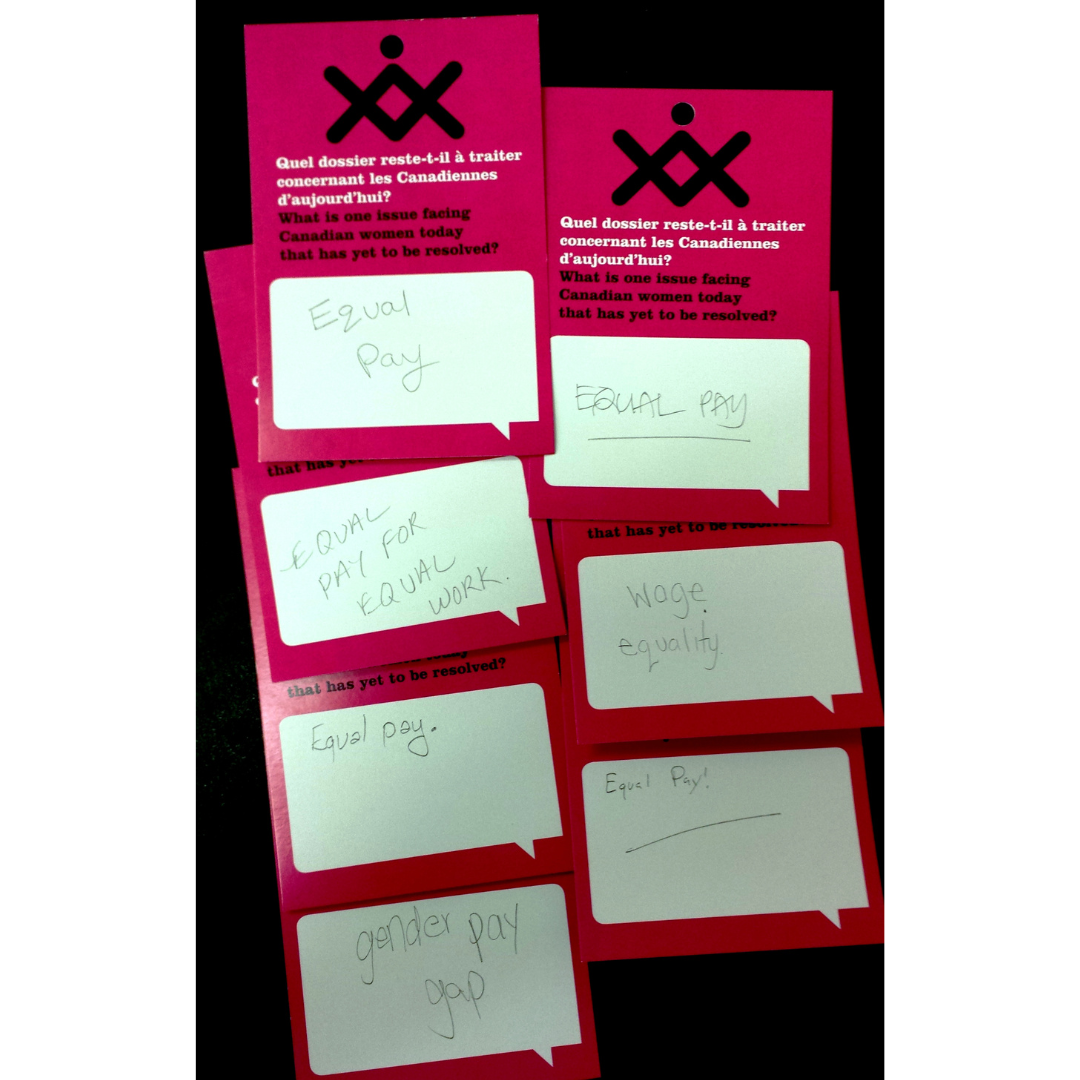 Seven response cards with the question "What is one issue facing Canadian women today that has yet to be resolved?". Each of the seven cards has a response with a varying version of equal pay, wage equality, or gender pay gap.