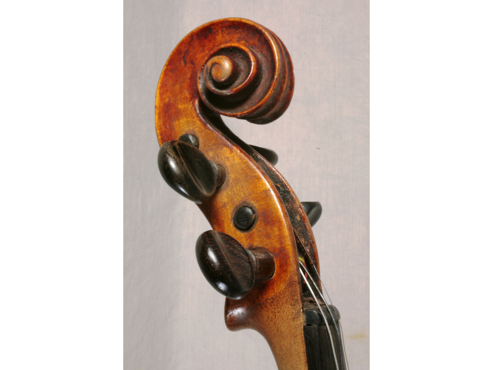 Close-up on the scroll and pegs of a violin.