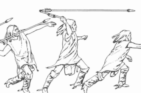 An illustration depicting a person through three stages of movement launching a long dart over their head with an atlatl.