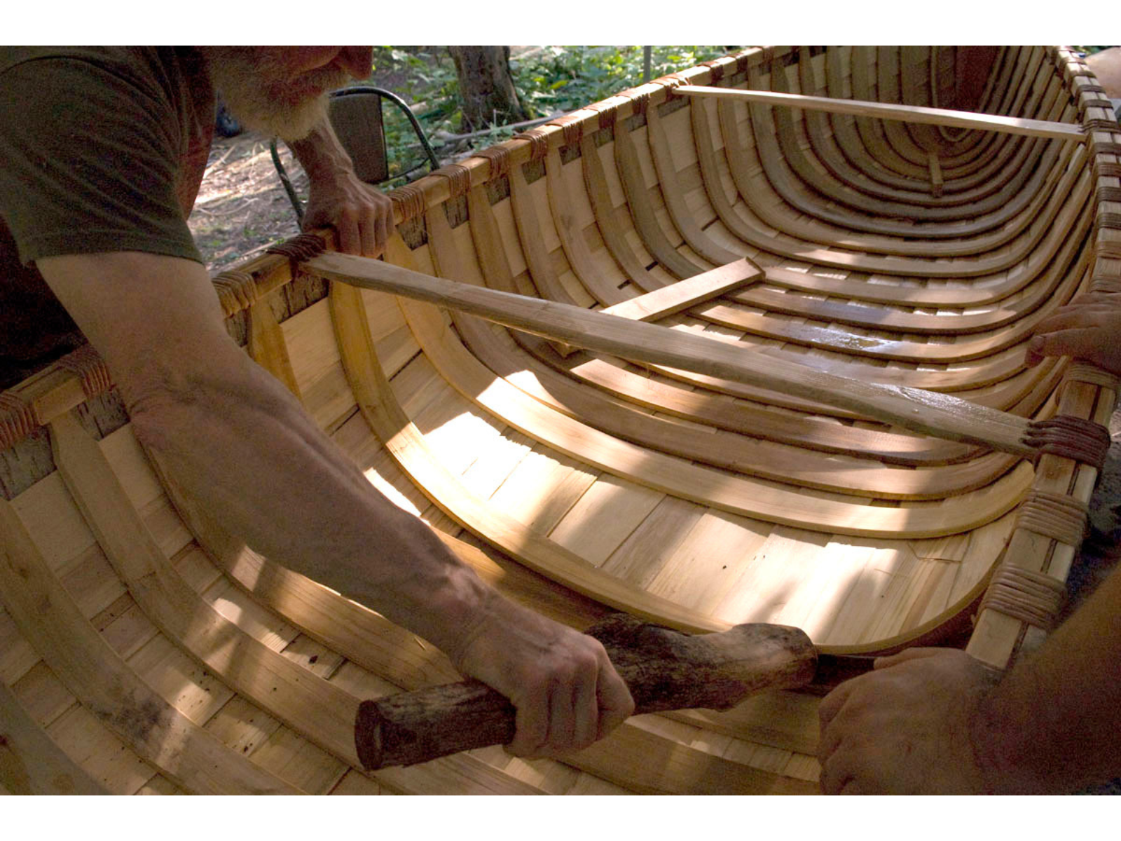 A hand reaches into frame holding a tick stick of iron wood as a mallet to place the final rib in the base of the canoe.