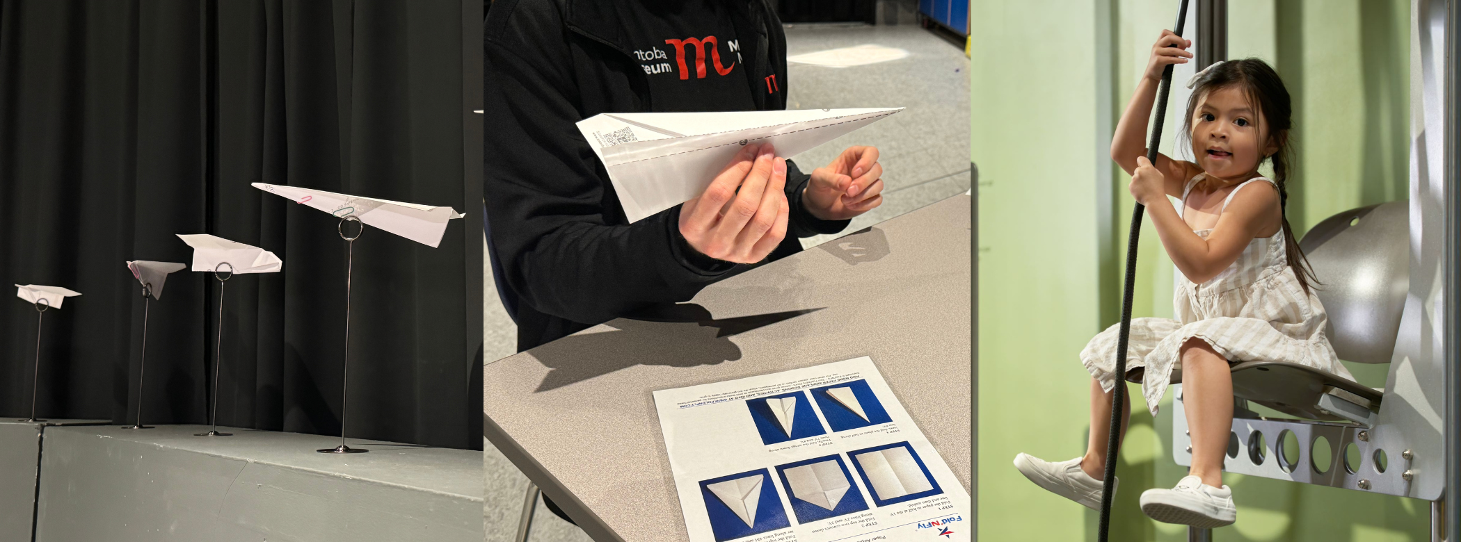 Three photos side by side. On the left, a photo of four paper airplanes on stands. In the centre, a airplane folding diorama and a person holding a paper plane they've folded. On the right, a child pulling themself up on a pulley chair.