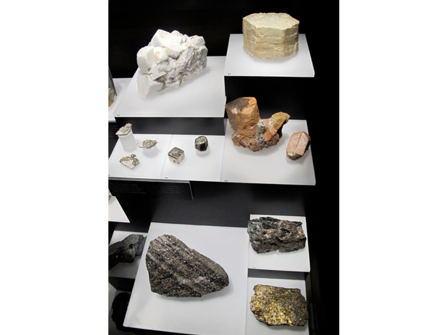 A selection of placed or mounted mineral specimens against white backgrounds in a display case.