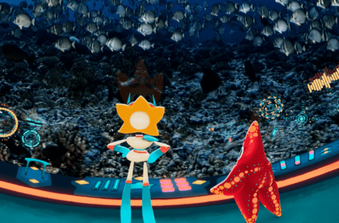 Cartoon image showing a humanoid figure in a space suit with a star-shaped head standing next to a red starfish inside of an underwater submersible. Through the window in front of them a large school of fish can be seen swimming past.