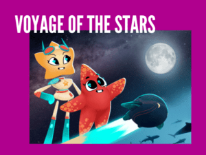 Promotional image for Voyage of the Stars on a fuchsia background. An image of a cartoon starfish beside a figure in a space suit with a star-shaped head. Standing near a space ship, the two look towards the Moon.