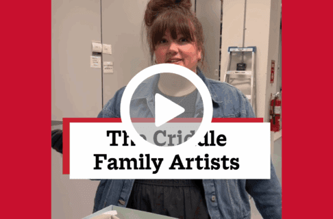 A screenshot of a video, an individual stands in museum collections storage. There's a play button over the screenshot and overlaid text reads, "The Criddle Family Artists".