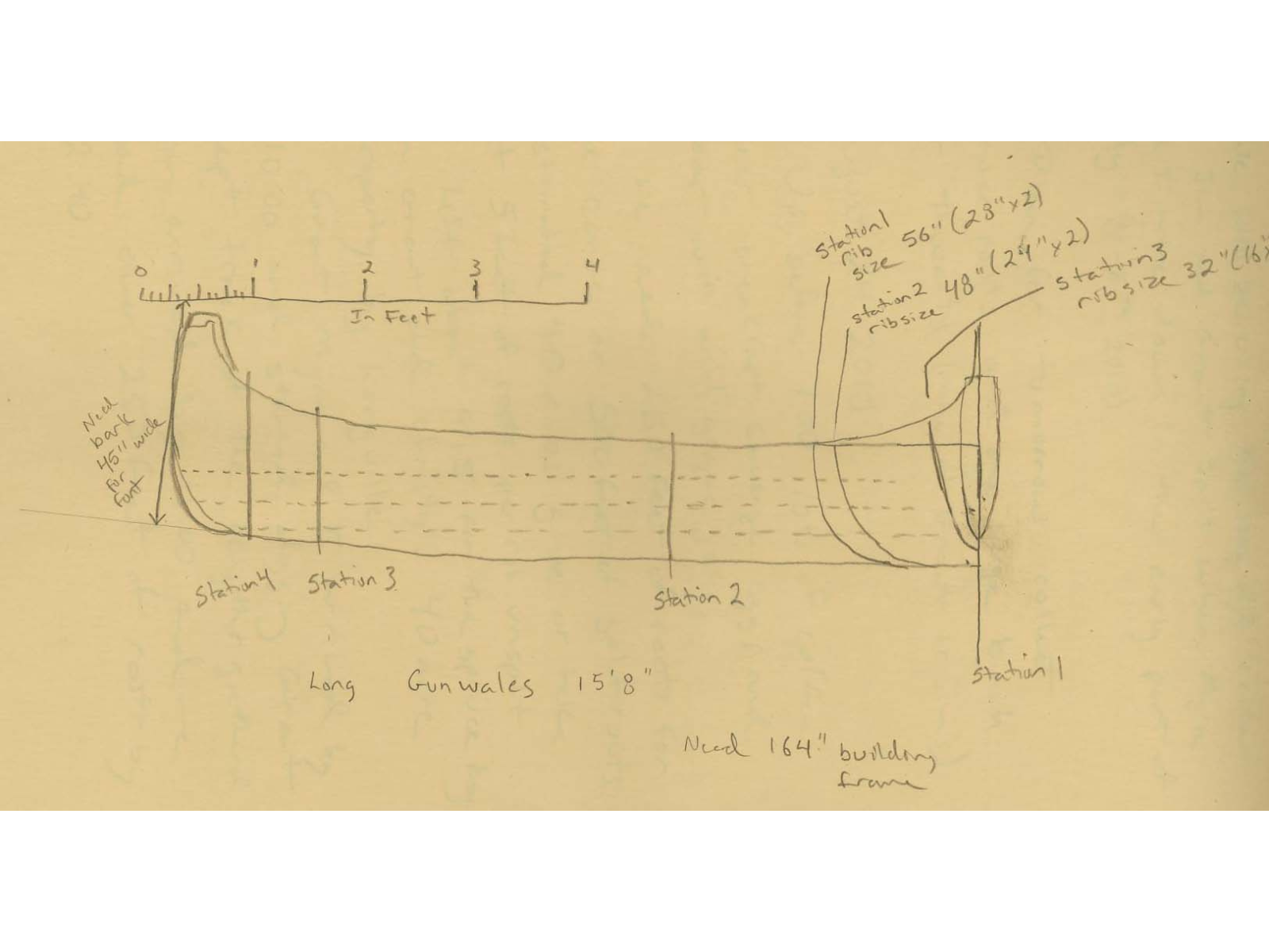 Sketch of a full canoe with notes and measurements for construction.