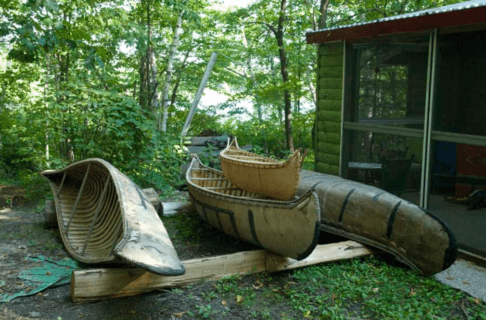 Four birchbark canoes laying on braces on a lawn.