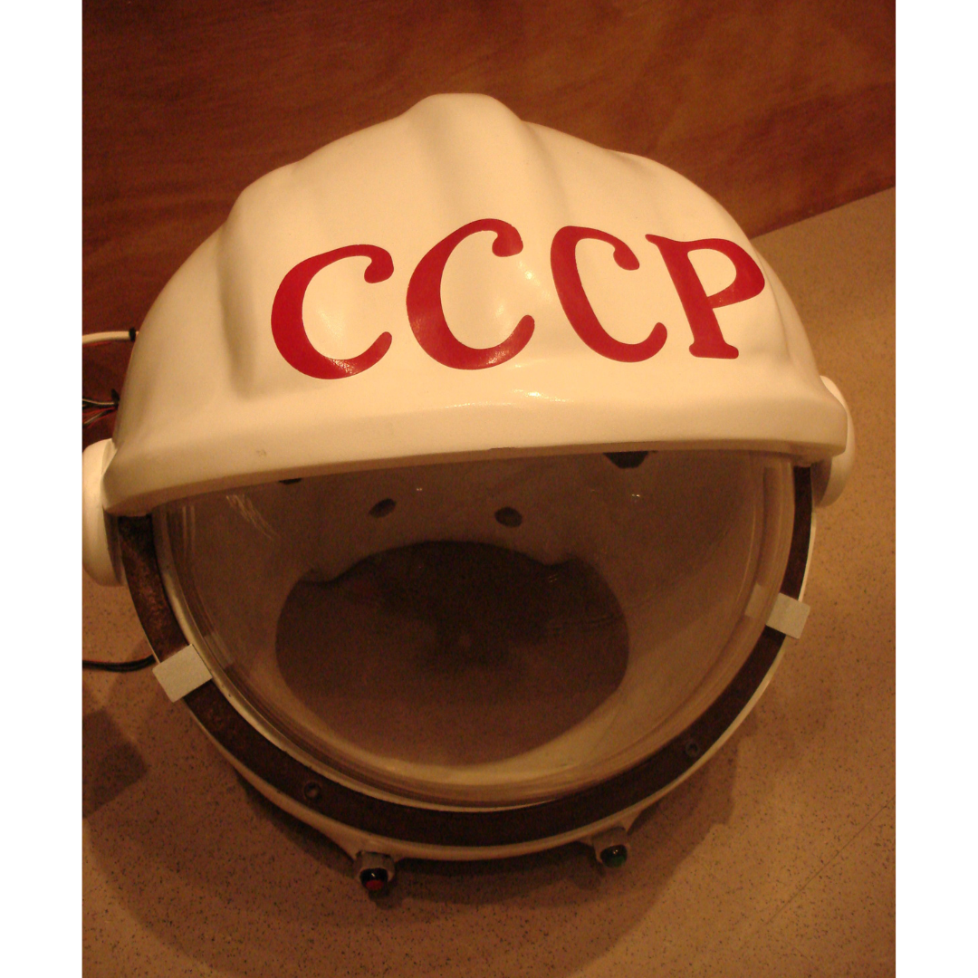 A white space helmet with red letters across the top reading CCCP.