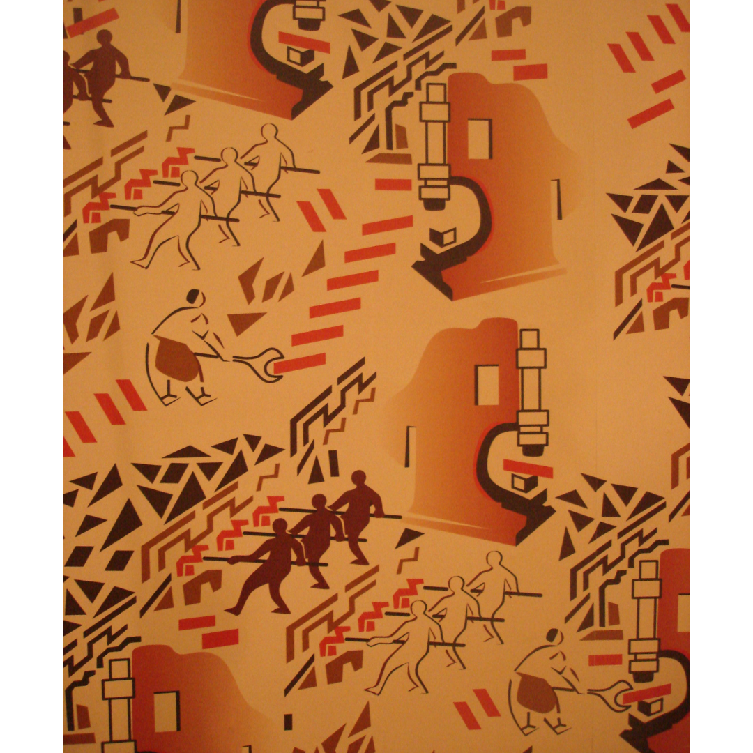 Close up on a wallpaper pattern in reds, oranges, and browns, showing microscopes and humanoid figures working with tools like wrenches and poles.