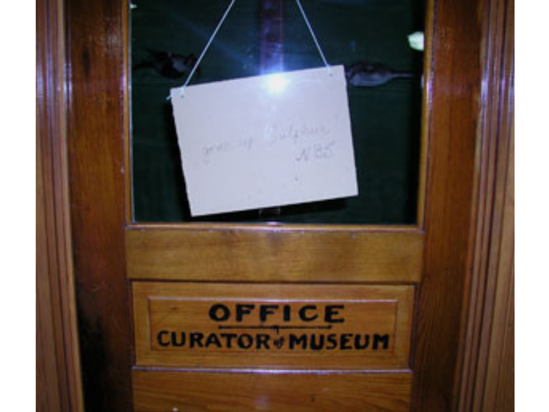 A wooden door with a large window in the front. Printed on the door is "Office / Curator of Museum". A white sign hangs in the window - unintelligible due to image quality.