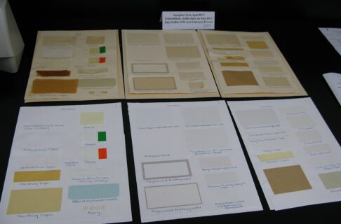 Six sheets of paper, the top three darkens to cream, and the bottom three white. All have various tape samples on them.