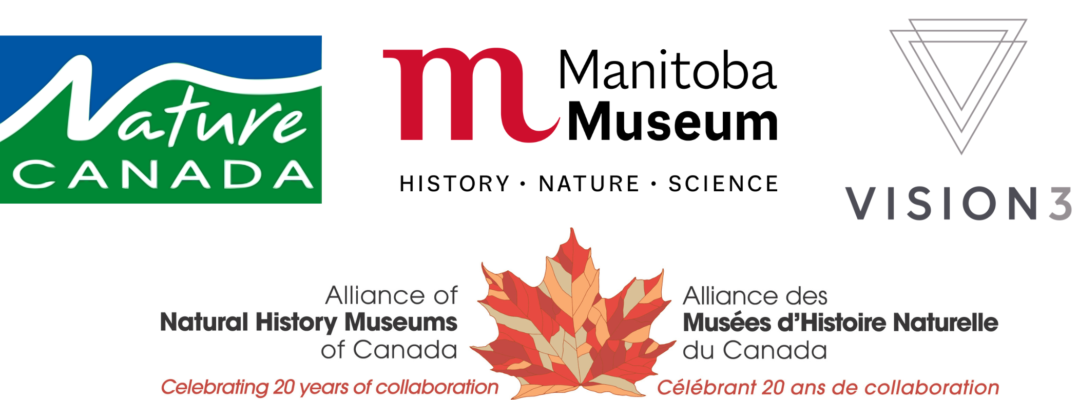 Logo garden with logos for Nature Canada, Manitoba Museum, Vision3, and the Alliance of Natural History Museums of Canada.