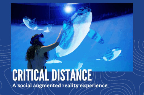 On a blue background, a photograph of an individual wearing an AR headset reaching out to touch a projected image of an orca whale. Text at the bottom reads, "Critical Distance / a social augmented reality experience".