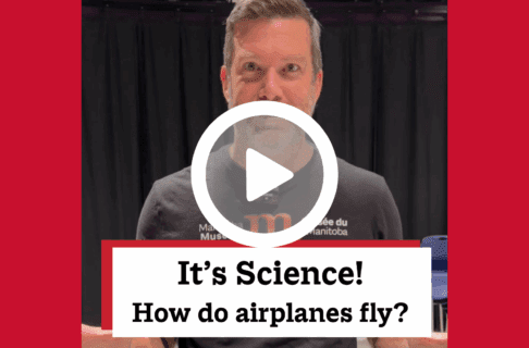 A screenshot of a video, an individual stands stands in the Science Gallery's Explore Science Zone and smiles at the camera. There's a play button over the screenshot and overlaid text reads, "It's Science! How do airplanes fly?".