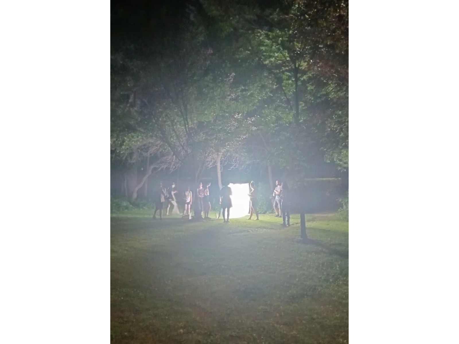 A bright rectangular light box, about the height of an average adult, being held up in a park at night. A small group of people all stand nearby.