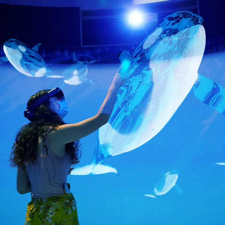 A photograph of an individual wearing an AR headset reaching out to touch the projected image of an orca whale.
