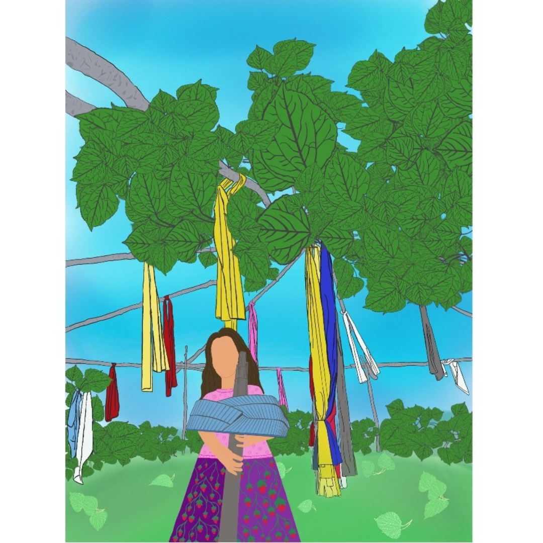 A digital artwork featuring a female figure wearing a shawl designed to look like the Canadian Museum of Human Rights building. Behind the figure colourful ribbons hang from the branches of green-leaved trees.