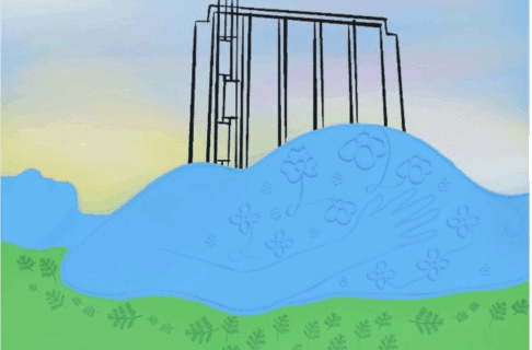 A digital artwork featuring a figure of a pregnant mother laying down on her back on the grass. Behind her rises the Manitoba Museum tower, which, combined with her pregnant belly, creates the exterior of the Manitoba Museum.
