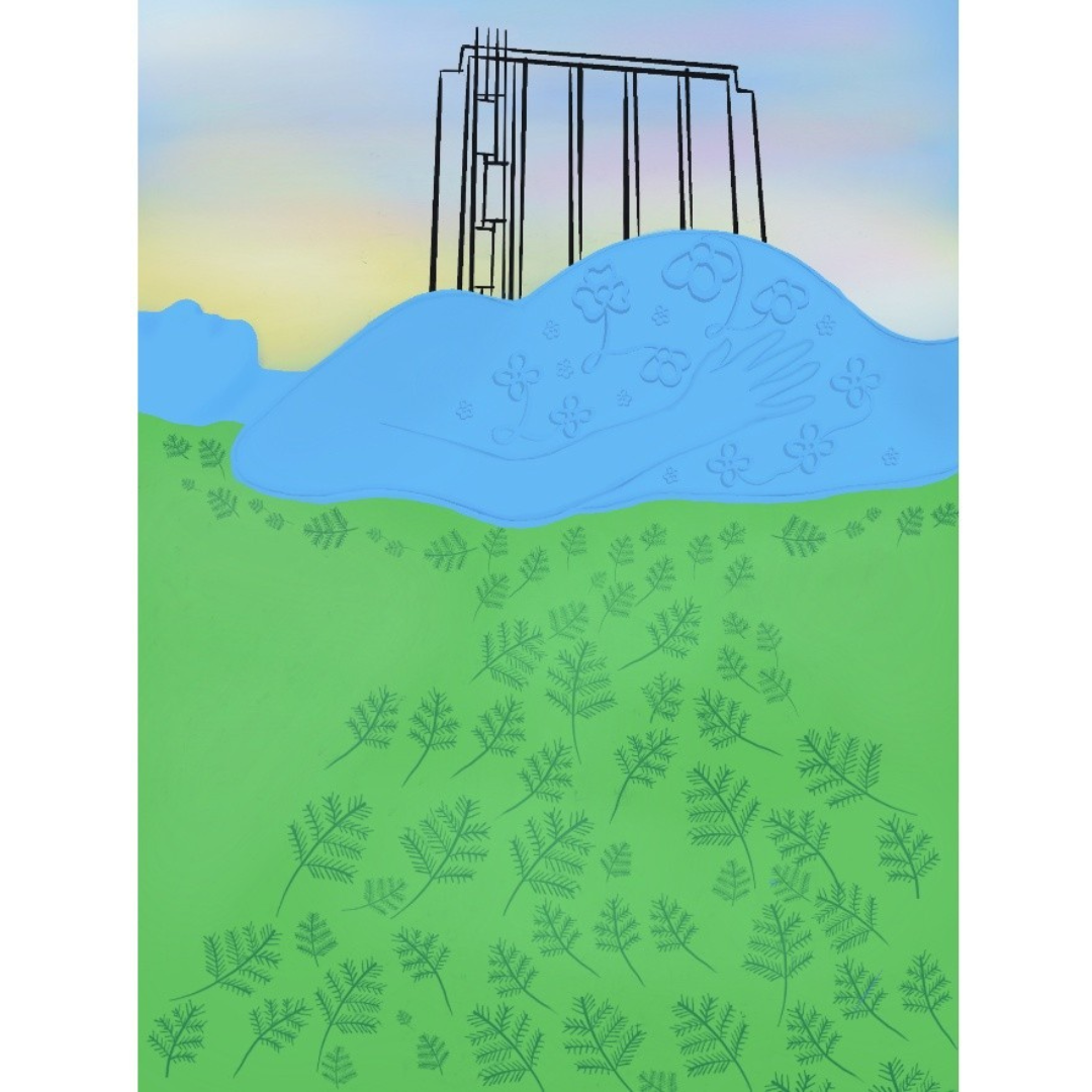 A digital artwork featuring a figure of a pregnant mother laying down on her back on the grass. Behind her rises the Manitoba Museum tower, which, combined with her pregnant belly, creates the exterior of the Manitoba Museum.