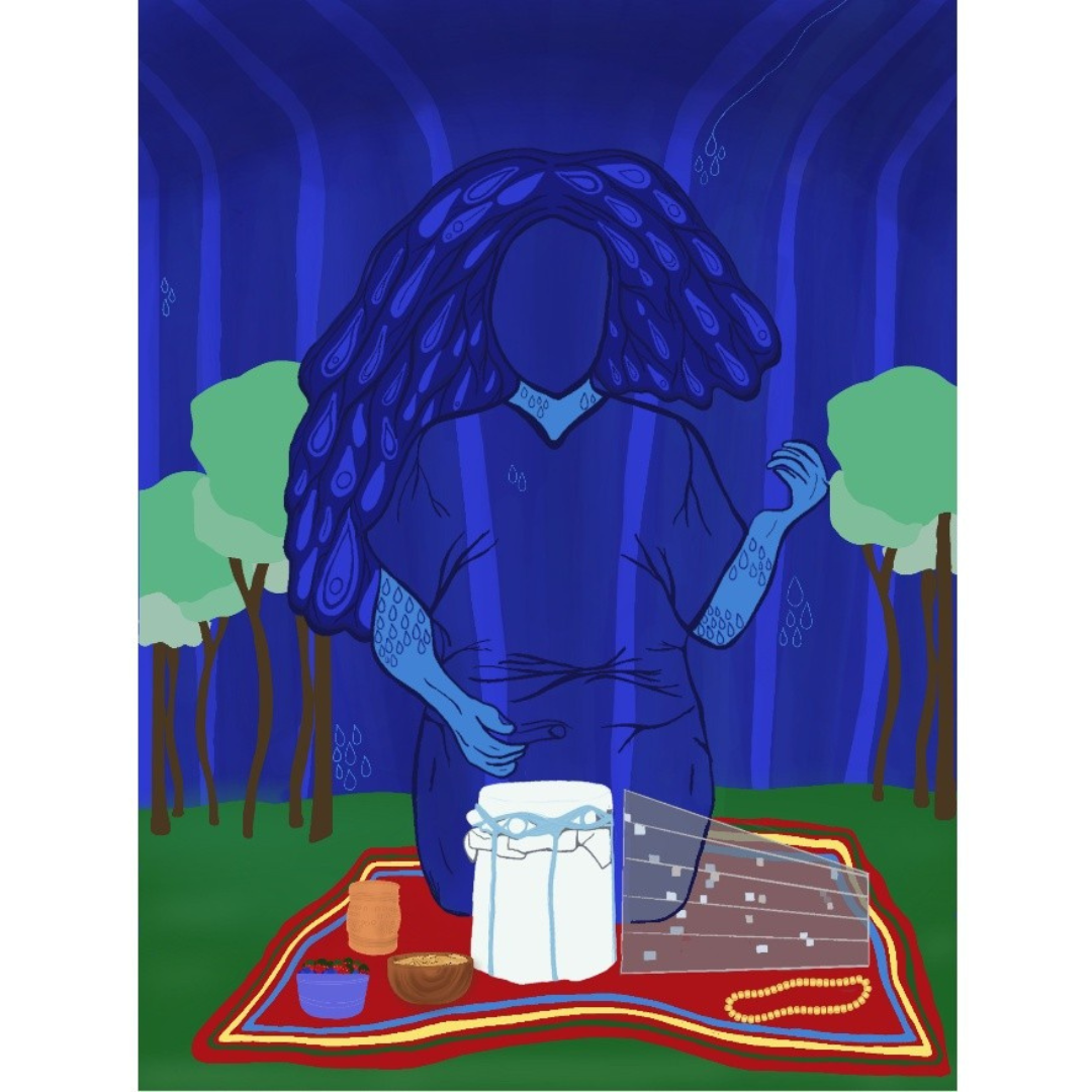 A digital artwork of a figure kneeling on a blanket. In front of them are several items placed to resemble the WAG-Qaumajuq building, as well as several small bowls and a beaded necklace.