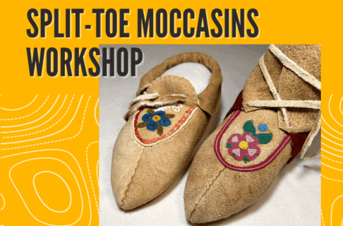 A photograph of a pair of bead-ed hide moccasins on a yellow background. Text in the upper left corner reads, "Split-Toe Moccasins Workshop".