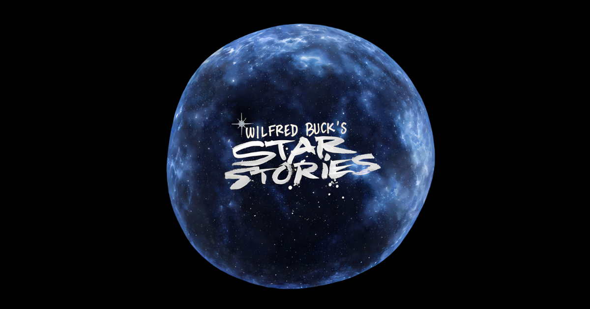 A round view into blue covered in stars. Overlaid text reads,