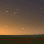 Mercury, Venus, Jupiter, and the brighter stars as seen at 5:45 a.m. CDT on August 16, 2025.