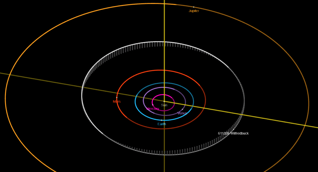 A diagram of the solar system showing the orbit of asteroid Wilfredbuck relative to the other planets.