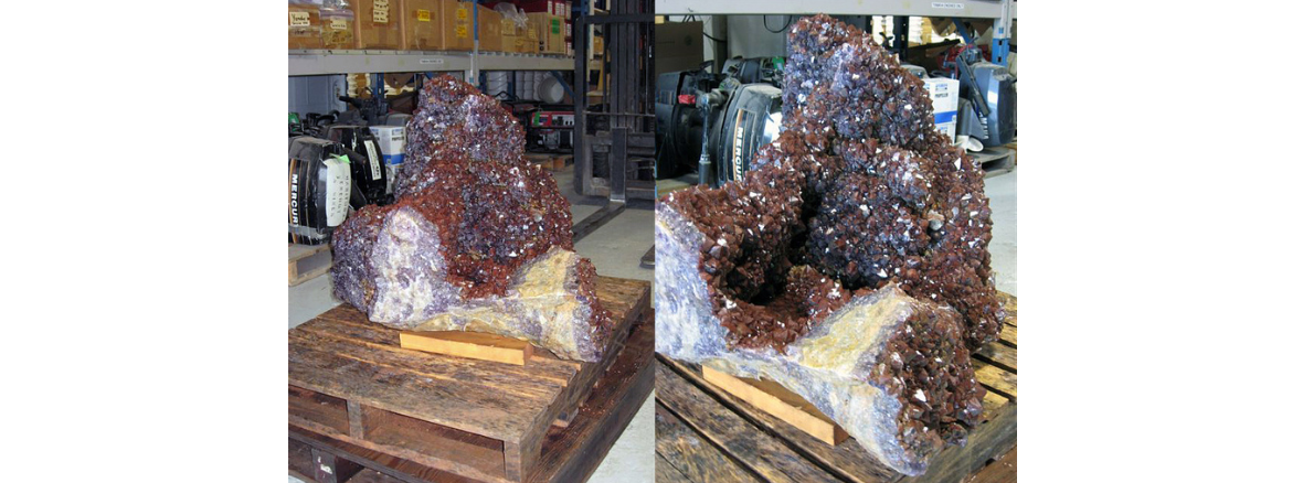 Two photos, side-by-side, of different angles of a large amethyst on a wooden pallet.