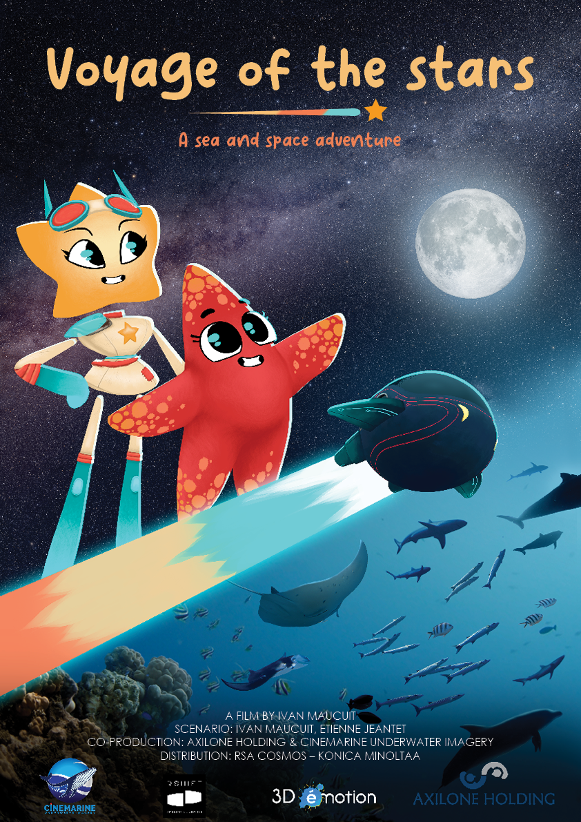 Show poster for Planetarium show ‘Voyage of the Stars’ showing a cartoon car in a space suit next to a seat star pointing up to the Moon while standing above a ocean view with many fish swimming below.