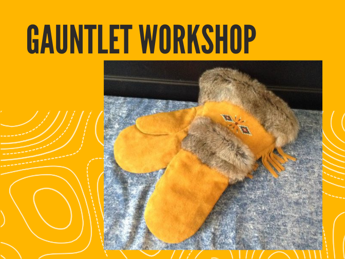 A photograph of a pair of fur-trimmed gauntlet mittens on a yellow background. Text in the upper left corner reads, "Gauntlet Workshop".