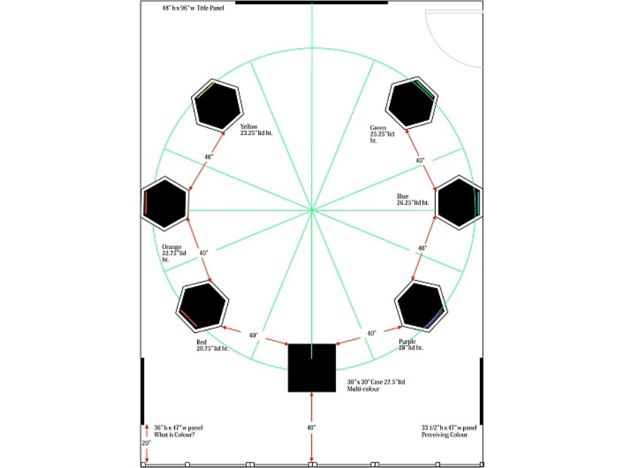 Floorplan for the colours exhibit showing seven podiums, one for each of the colours featured.