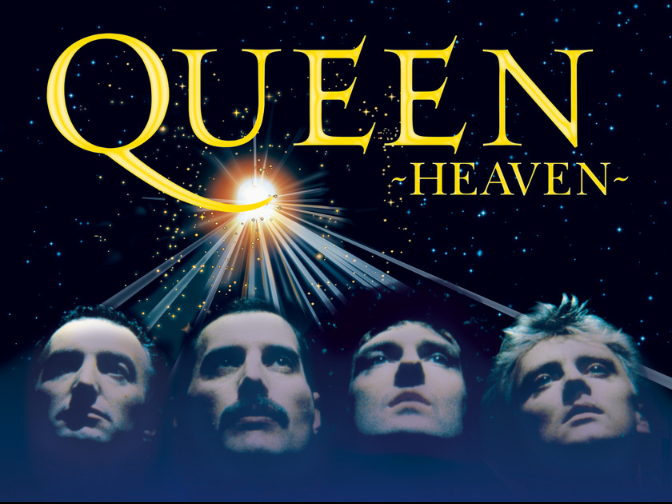 The faces of the four members of the band Queen beneath a title reading "QUEEN / Heaven" with a sunburst reaching from the Q.