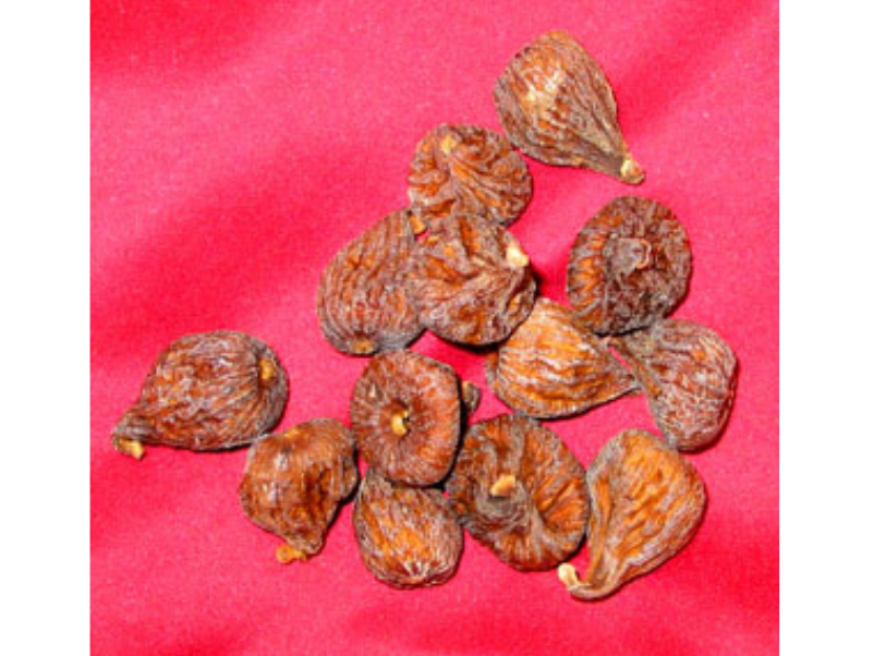 Small pile of dried figs on a red background.