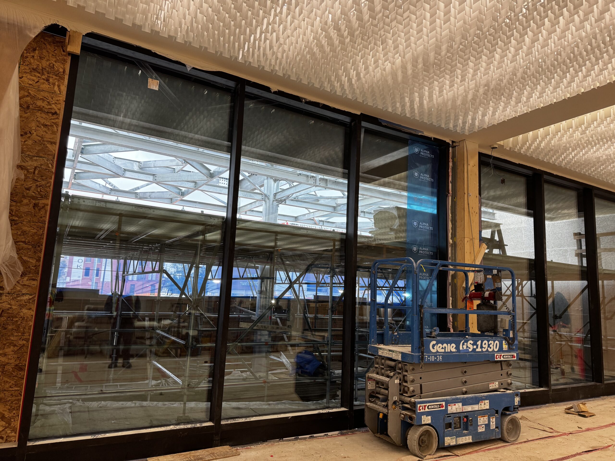 A wall of windows in the north-facing wall of the Museum foyer. Through the windows can be seen construction scaffolding.