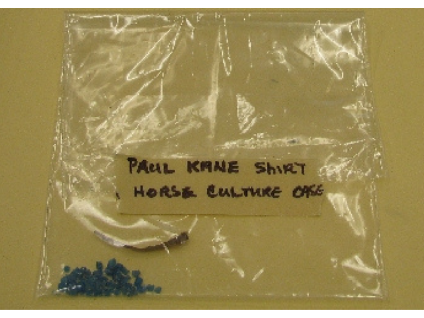 A clear resealable bag with several small blue beads kept inside. A label on the bag reads, "Paul Kane shirt horse culture case".
