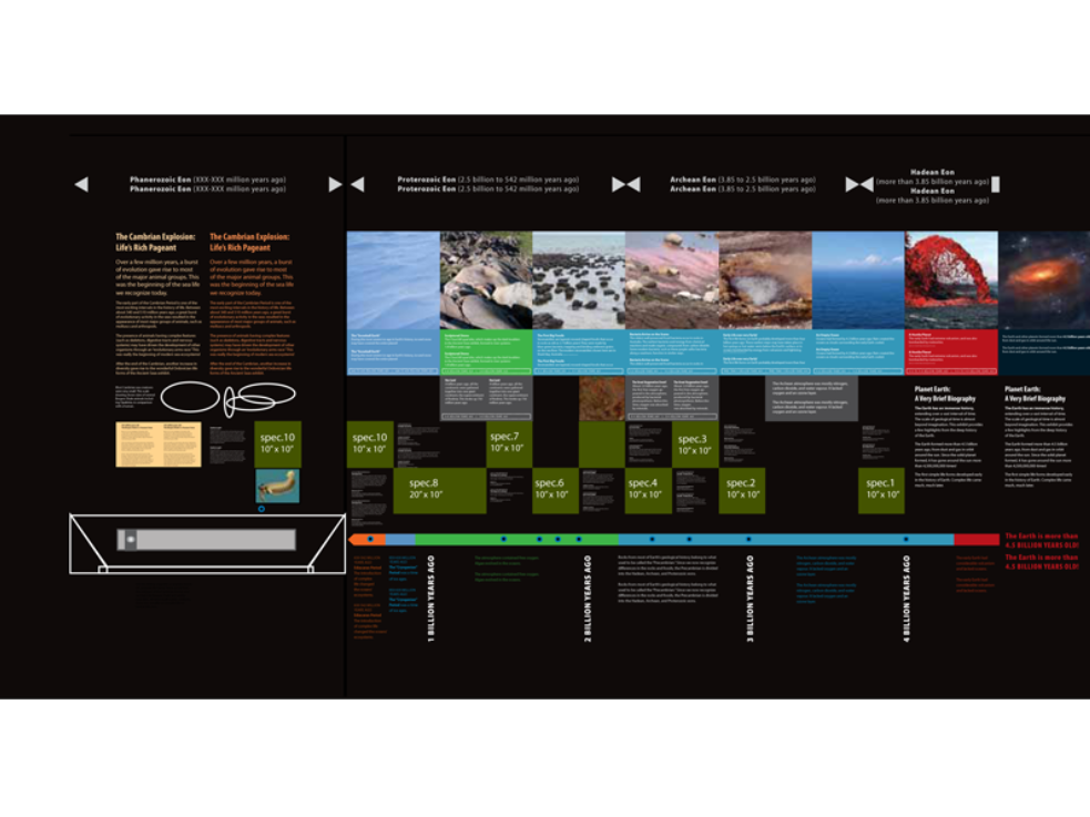 A first draft layout of an exhibit with blocks of text and images.
