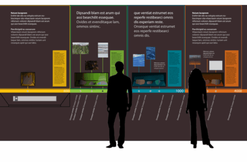A designer mock-up of an exhibit with silhouettes of visitors.