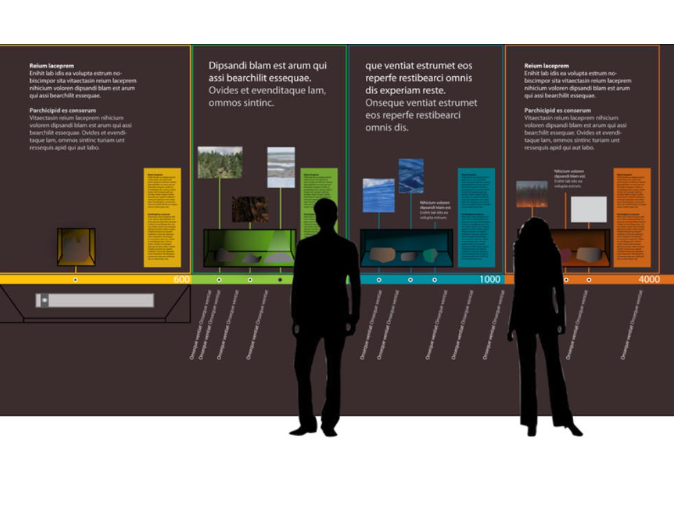 A designer mock-up of an exhibit with silhouettes of visitors.