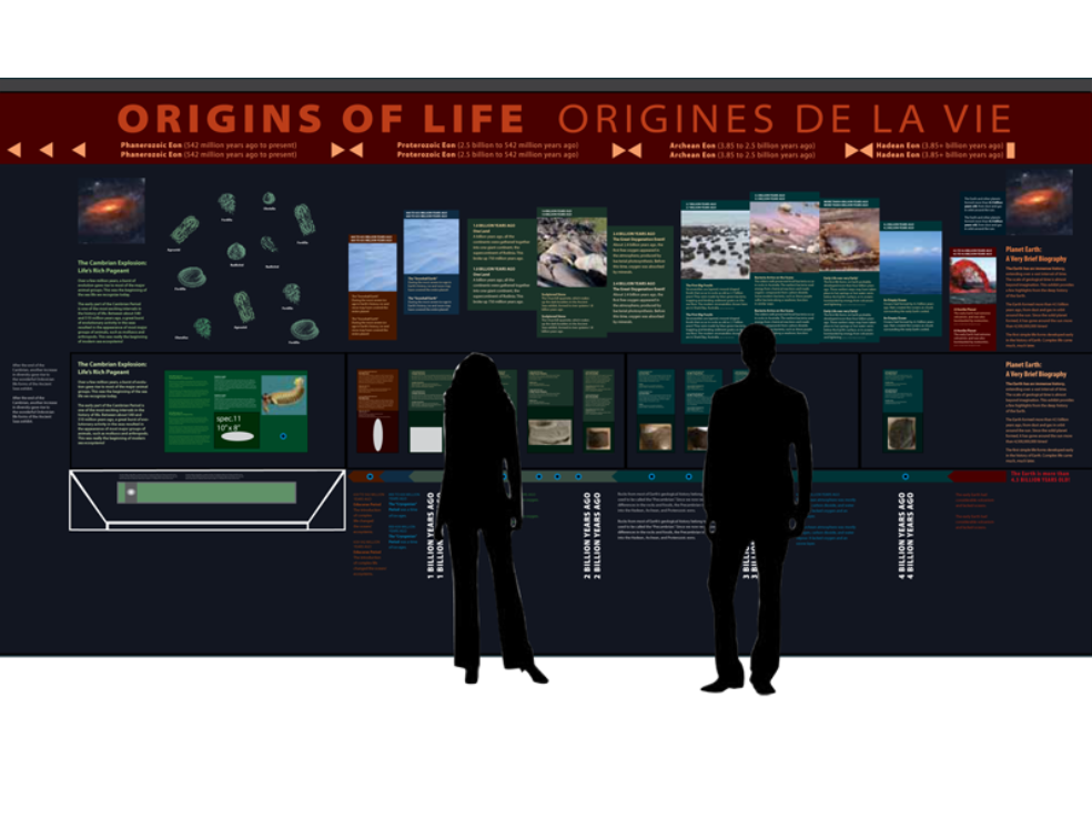 A designer mock-up of an exhibit with silhouettes of visitors.