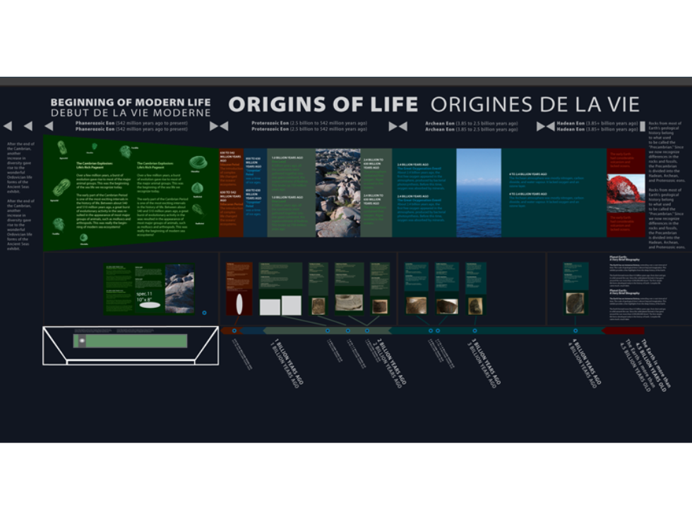 A initial layout of an exhibit with blocks of text and images.