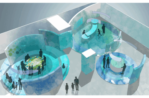 An artist's rendering of a three-part exhibit containing a digital activity, a watershed table, and an interactive station.