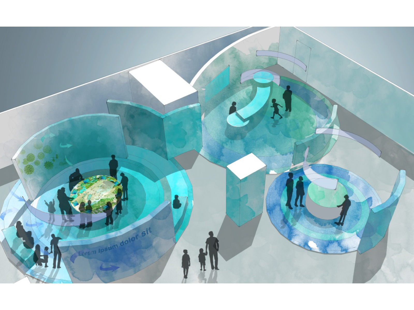 An artist's rendering of a three-part exhibit containing a digital activity, a watershed table, and an interactive station.
