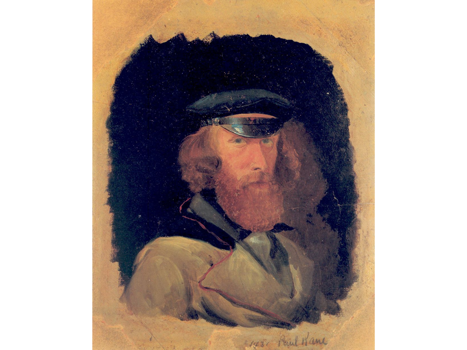 Painting of a man from mid-chest up, looking directly at the viewer. He has textured red hair past his ears and a medium-length beard. He wears a black leather cap and a double-breasted coat.