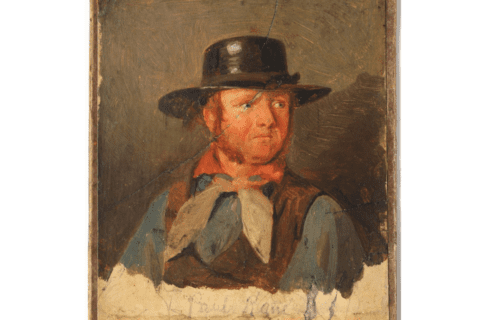 A painting of a red-haired man from chest up. His sideburns grow down to his chin. He looks off frame, wearing a dark brimmed hat, a blue shirt, brown vest, and pale neck kerchief.