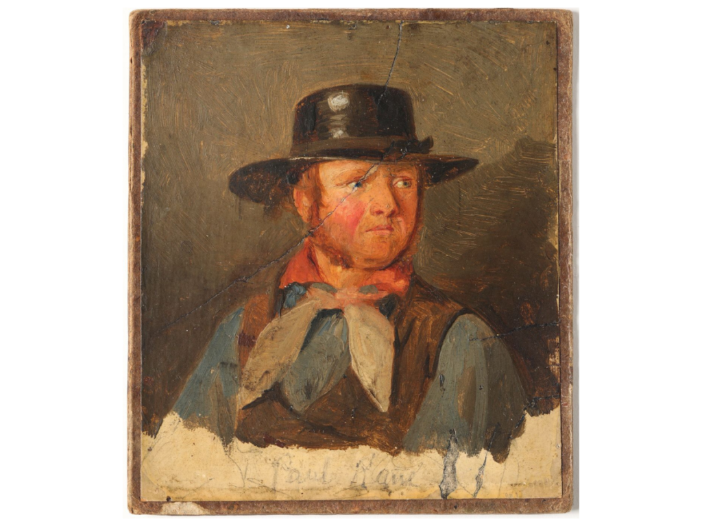 A painting of a red-haired man from chest up. His sideburns grow down to his chin. He looks off frame, wearing a dark brimmed hat, a blue shirt, brown vest, and pale neck kerchief.