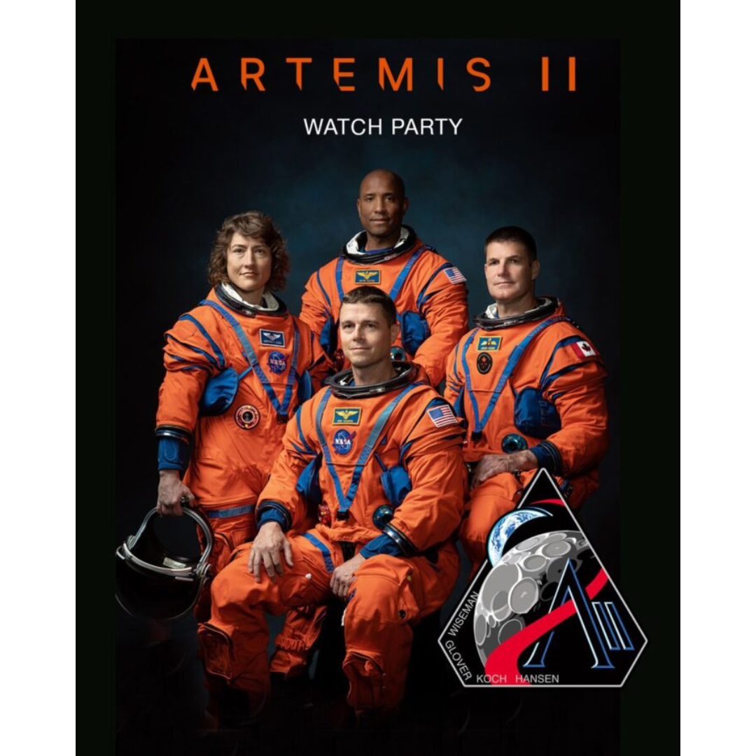 Artemis II watch party promotional image with four astronauts posing for a photo wearing orange space suits. Seated, right, is Canadian astronaut Jeremy Hansen.