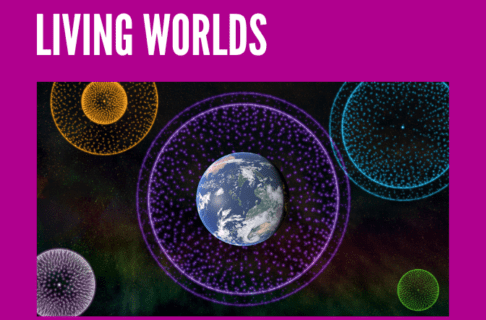 A graphic on a fuchsia background showing five planets encircled by dots radiating out from them in varying colours. Text at the top reads, "Living Worlds".