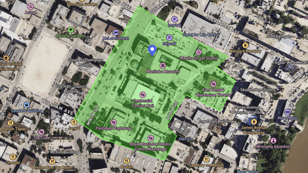Ariel view of the Manitoba Museum and surrounding area with a green overlay showing the extent of the area covered through the partnership with Aira.
